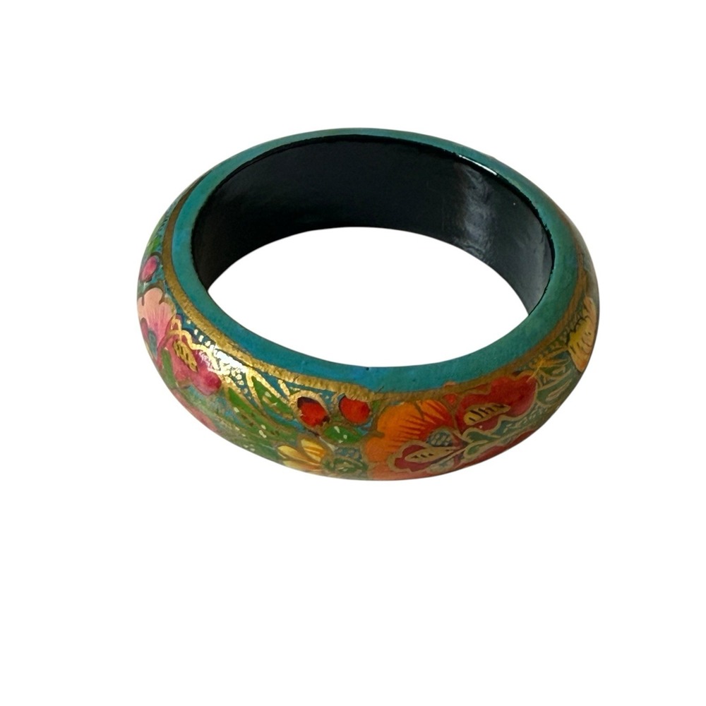 Vintage Hand Painted Lacquered Wood Floral Flower Turquoise Bangle Bracelet